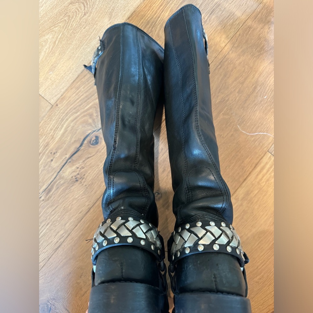 Frye Boots Knee high black boots with silver studded adornment